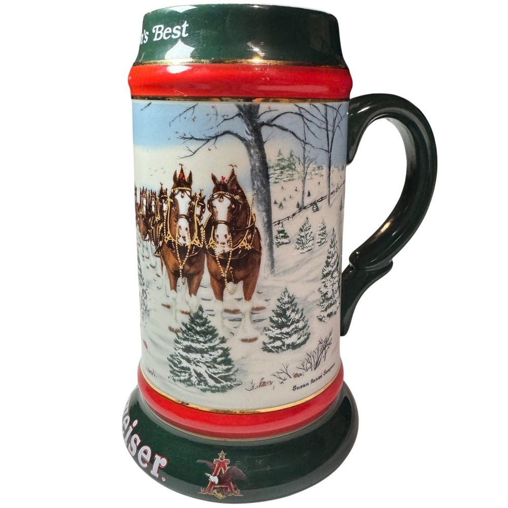 Budweiser 1991 The Seasons Best Holiday Stein Clydesdales Ceramic Mug Green